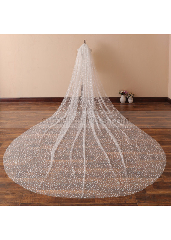 Ivory Star Tulle Wedding Veil Long Sparkly Cathedral Veil Cut Edge Veil